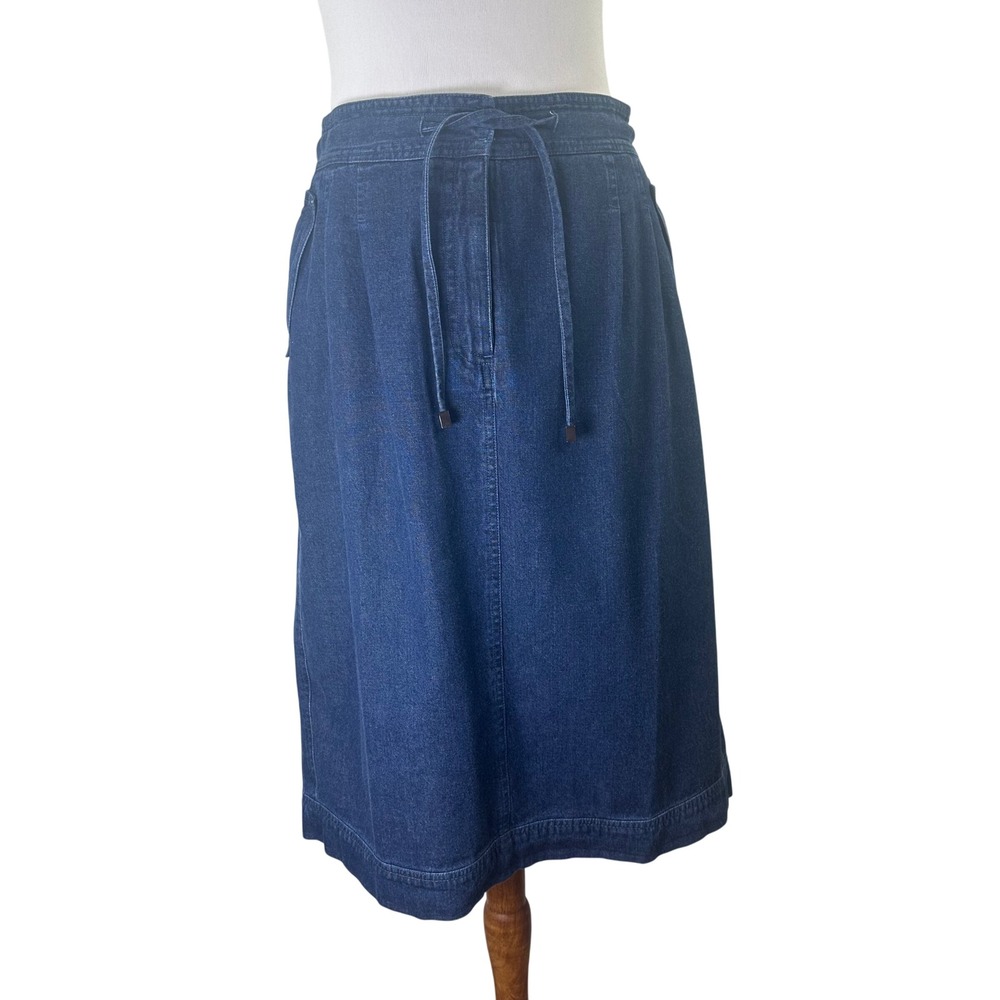 Orvis Denim Midi Skirt Dark Wash Drawstring Waist 100% Cotton Womens 14
